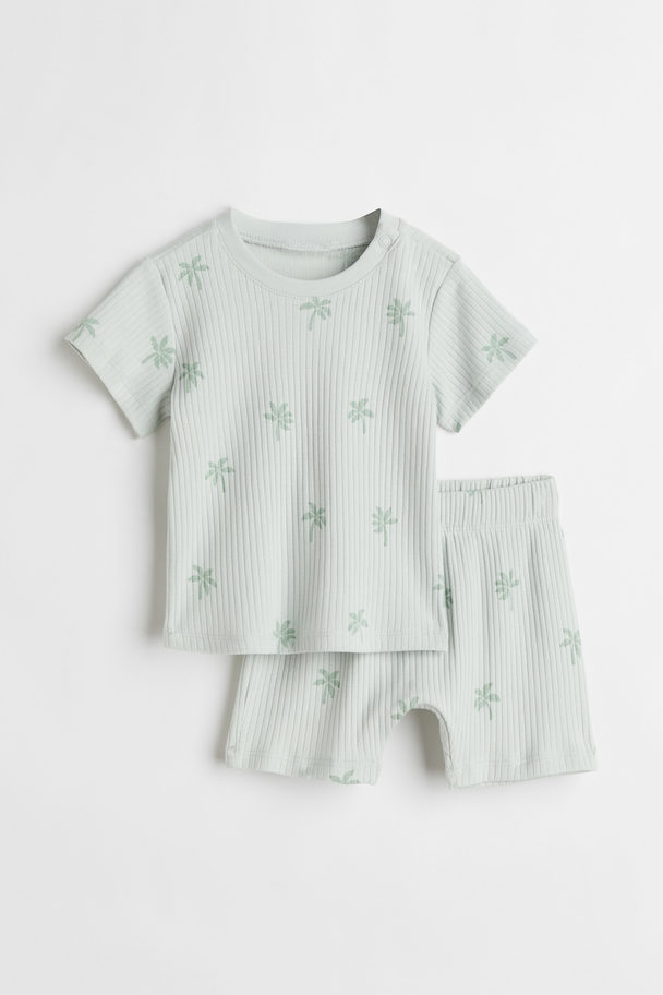 H&M Patterned Ribbed Cotton Pyjamas Light Green/palm Trees
