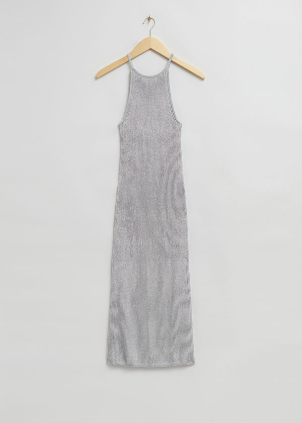 & Other Stories Fitted Metallic Halterneck Dress Silver