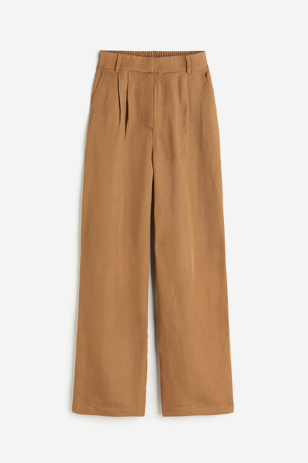H&M Wide Linen-blend Trousers Light Brown