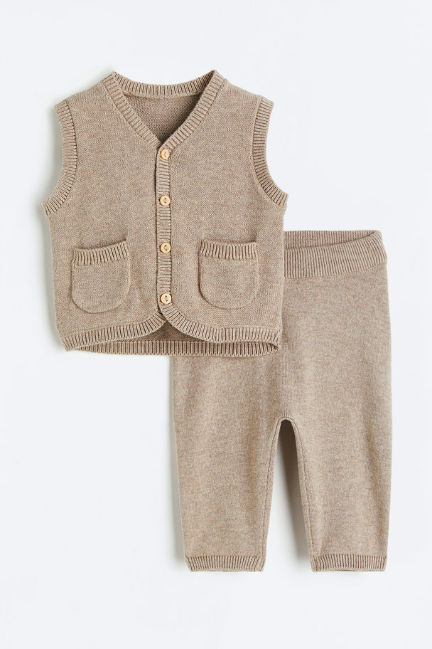 H&M 2-piece Fine-knit Gilet And Trousers Set Beige