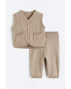 2-piece Fine-knit Gilet And Trousers Set Beige