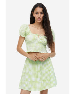 Puff-sleeved Smocked Blouse Light Green/checked