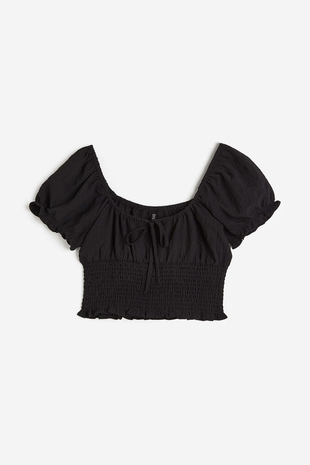 H&M Puff-sleeved Smocked Blouse Black