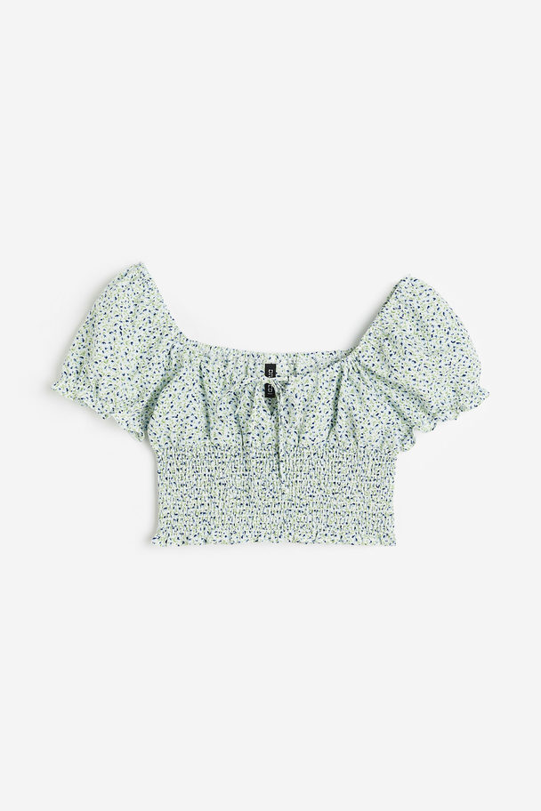 H&M Puff-sleeved Smocked Blouse Green/blue Floral