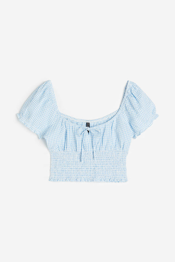H&M Puff-sleeved Smocked Blouse Light Blue/checked