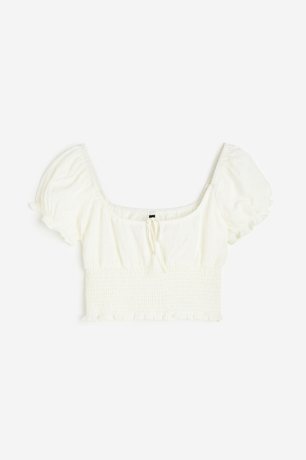 H&M Puff-sleeved Smocked Blouse Cream