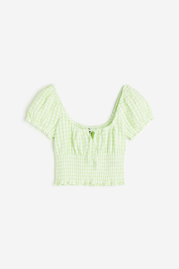 H&M Puff-sleeved Smocked Blouse Light Green/checked