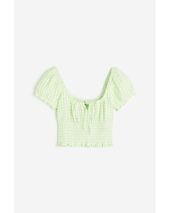 Puff-sleeved Smocked Blouse Light Green/checked