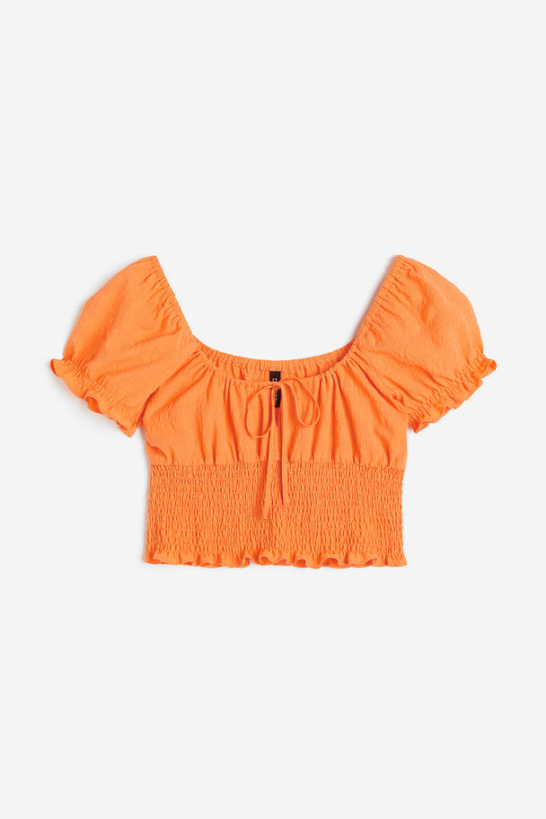 H&M Puff-sleeved Smocked Blouse Orange