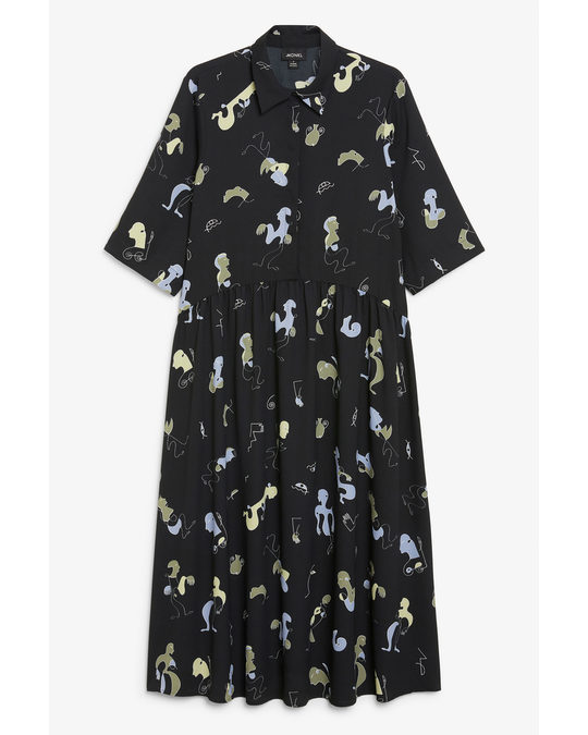 Monki Midi Dress With Collar Abstract Print