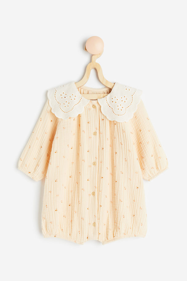 H&M Broderie-collared Romper Suit Light Beige/small Flowers