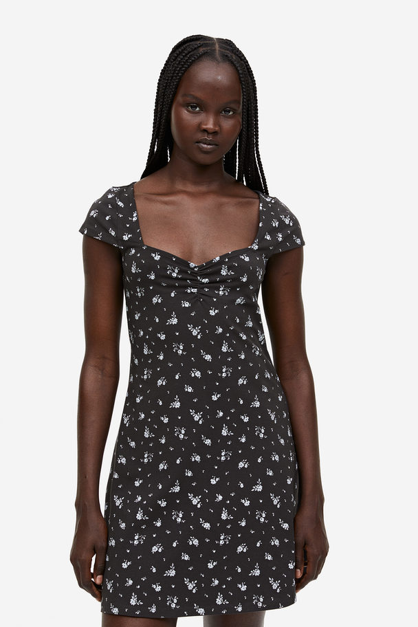H&M Cap-sleeved Jersey Dress Black/floral