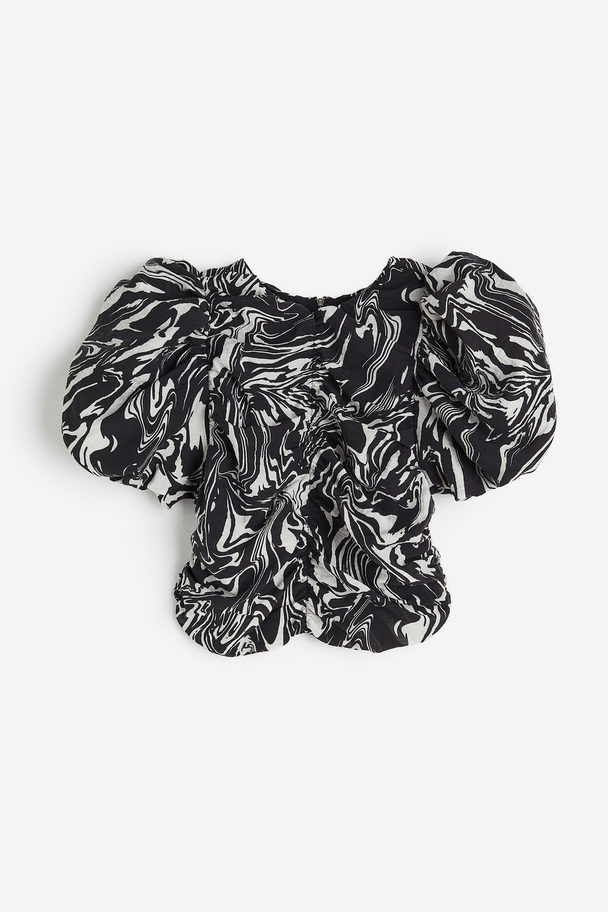 H&M Gathered Puff-sleeved Top Black/marbled