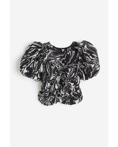 Gathered Puff-sleeved Top Black/marbled