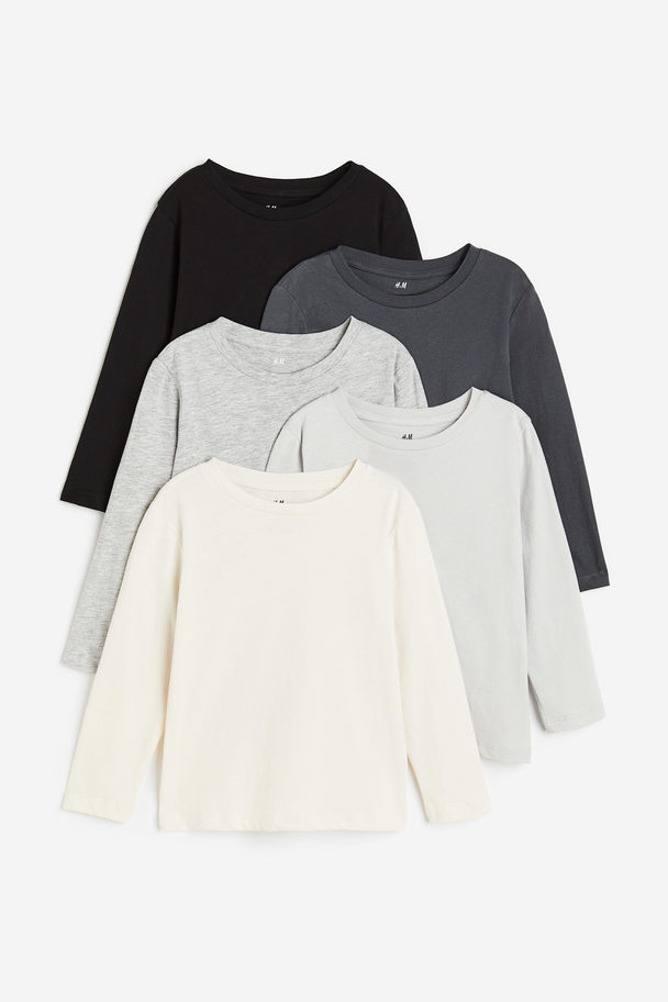 H&M 5-pack Long-sleeved T-shirts Light Grey Marl/black
