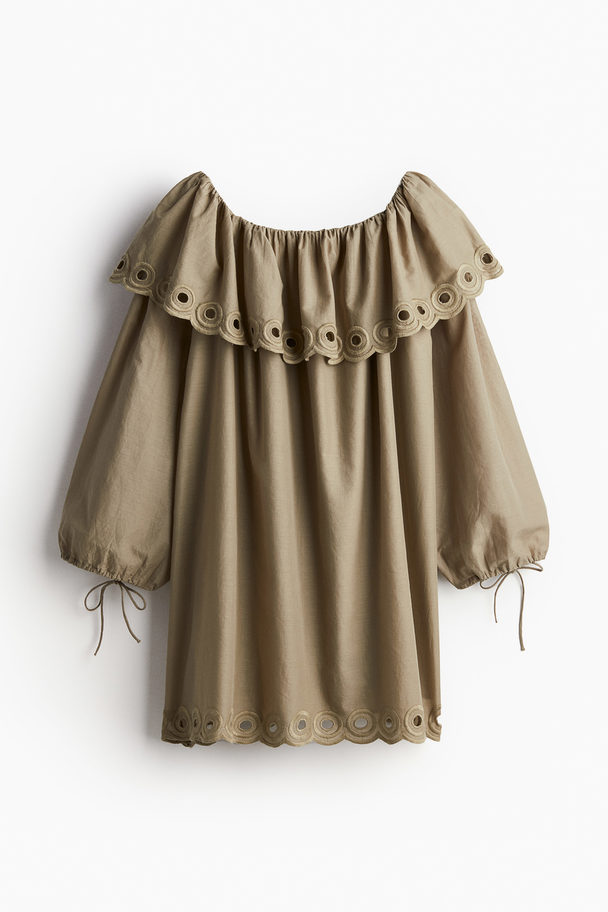 H&M Off-Shoulder-Kleid aus Baumwolle Khakigrün