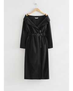 Off-shoulder Belted Wrap Dress Black