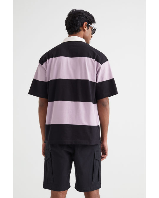 H&M Oversized Fit Short-sleeved Rugby Shirt Light Purple/black Striped