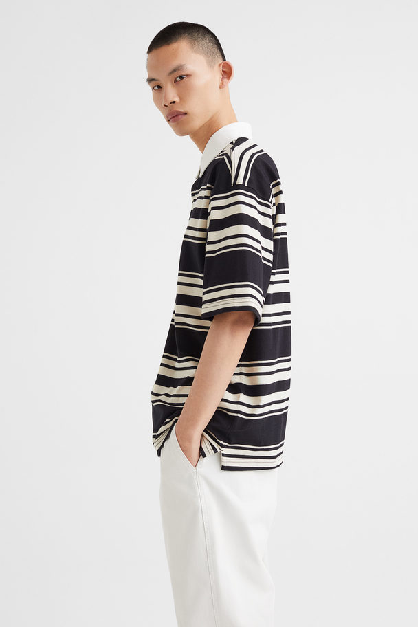 H&M Oversized Fit Short-sleeved Rugby Shirt Light Beige/black Striped