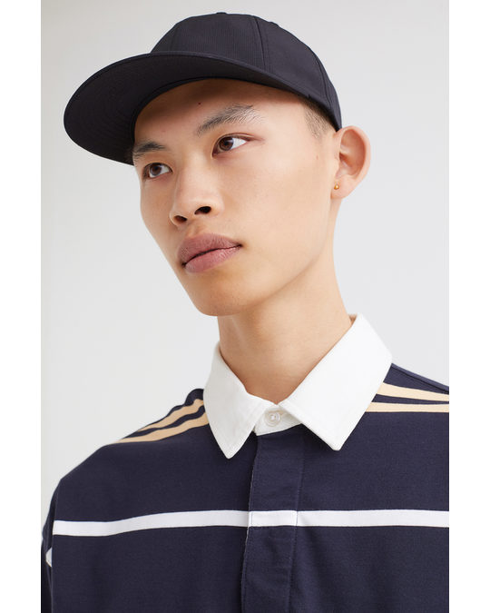 H&M Oversized Fit Short-sleeved Rugby Shirt Dark Blue/striped