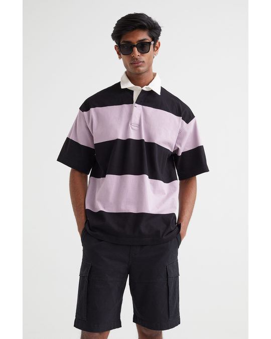 H&M Oversized Fit Short-sleeved Rugby Shirt Light Purple/black Striped