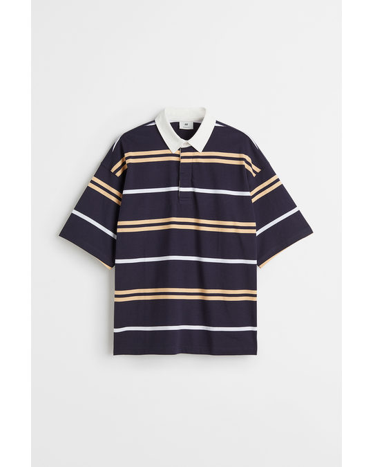 H&M Oversized Fit Short-sleeved Rugby Shirt Dark Blue/striped