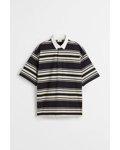 Oversized Fit Short-sleeved Rugby Shirt Light Beige/black Striped