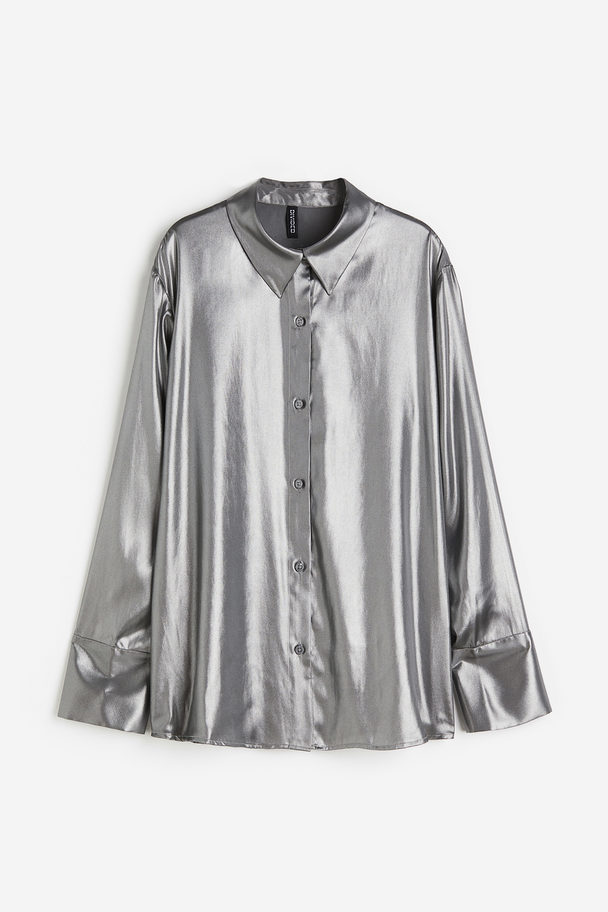 H&M Satijnen Overhemdblouse Zilverkleurig