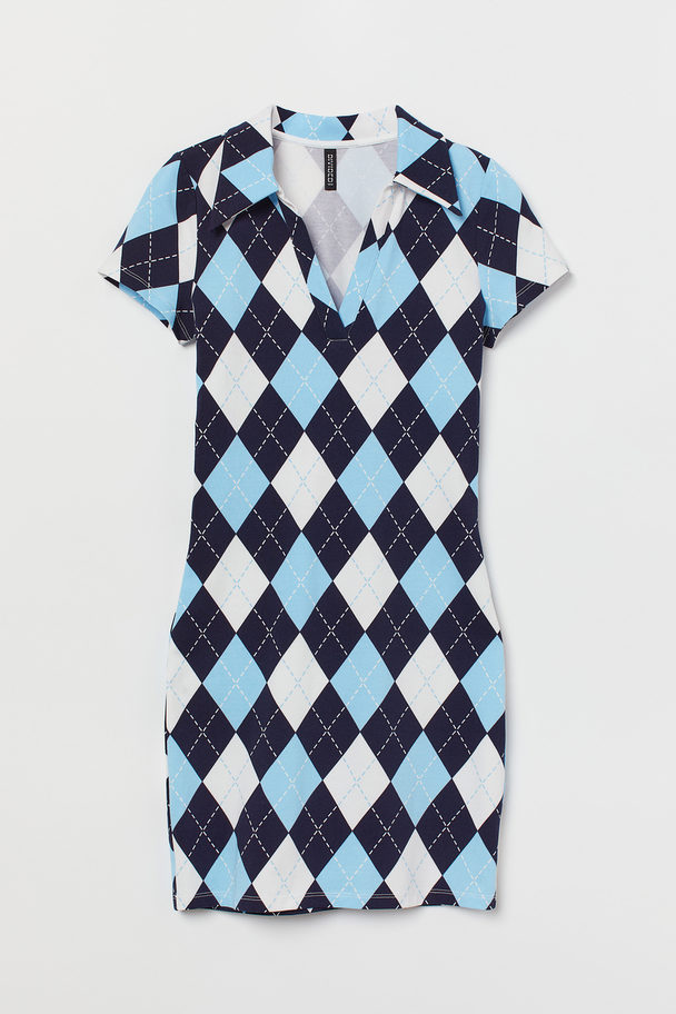 H&M Trikåklänning Med Krage Mörkblå/argylemönstrad