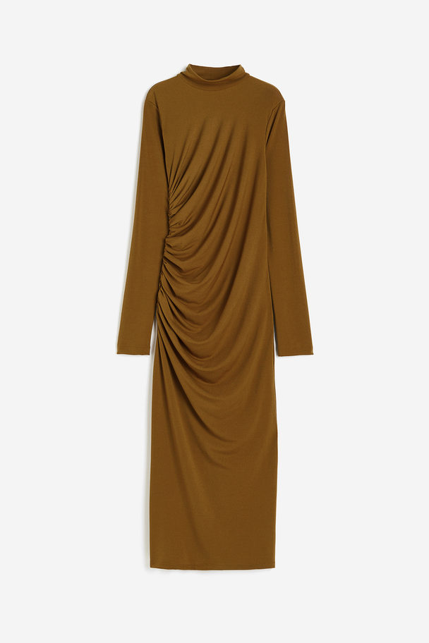 H&M Gathered Turtleneck Dress Brown