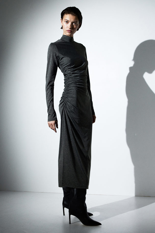 H&M Gathered Turtleneck Dress Dark Grey Marl