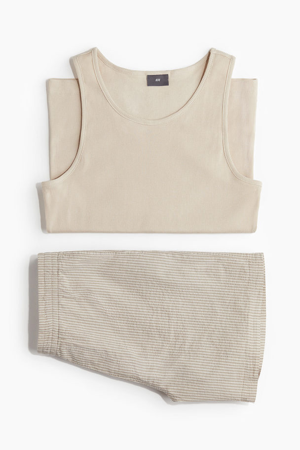 H&M Pyjamasinglet En -short Beige/gestreept