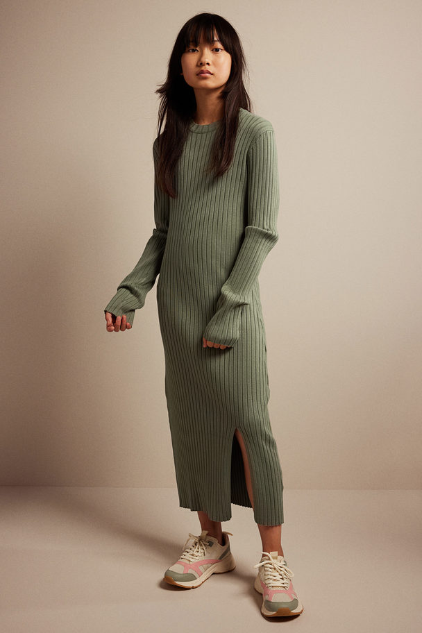 H&M Rib-knit Midi Dress Khaki Green