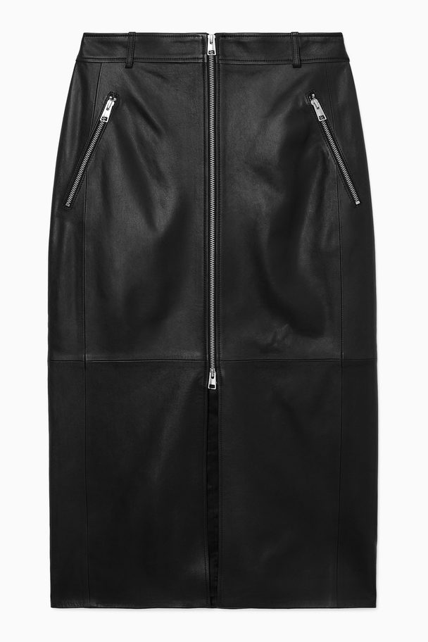 COS Zip-up Leather Midi Skirt Black