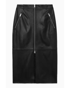 Zip-up Leather Midi Skirt Black