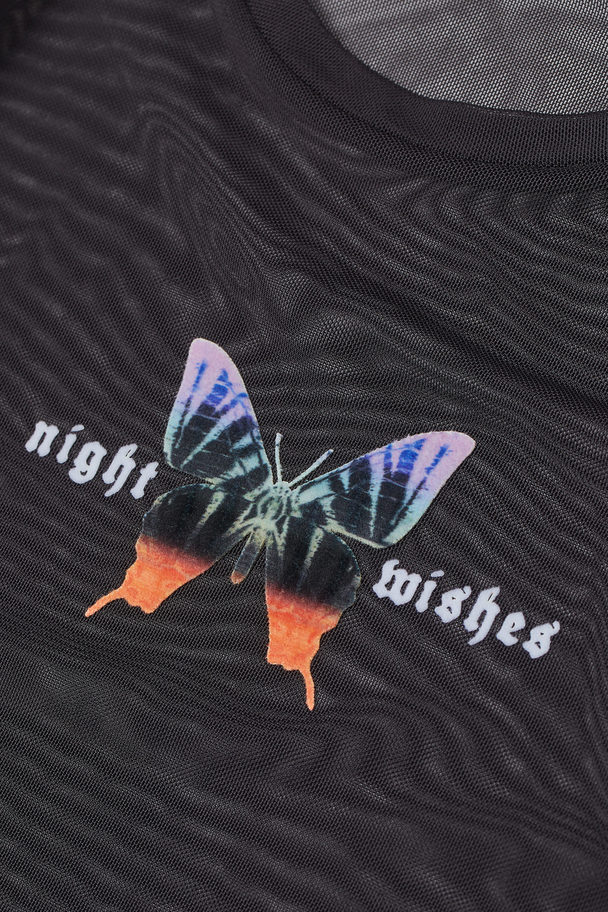 H&M Printed Mesh Top Black/butterfly