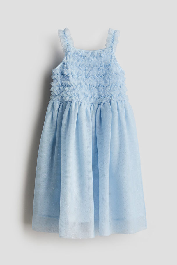 H&M Glittrig Tyllklänning Med Krås Ljusblå