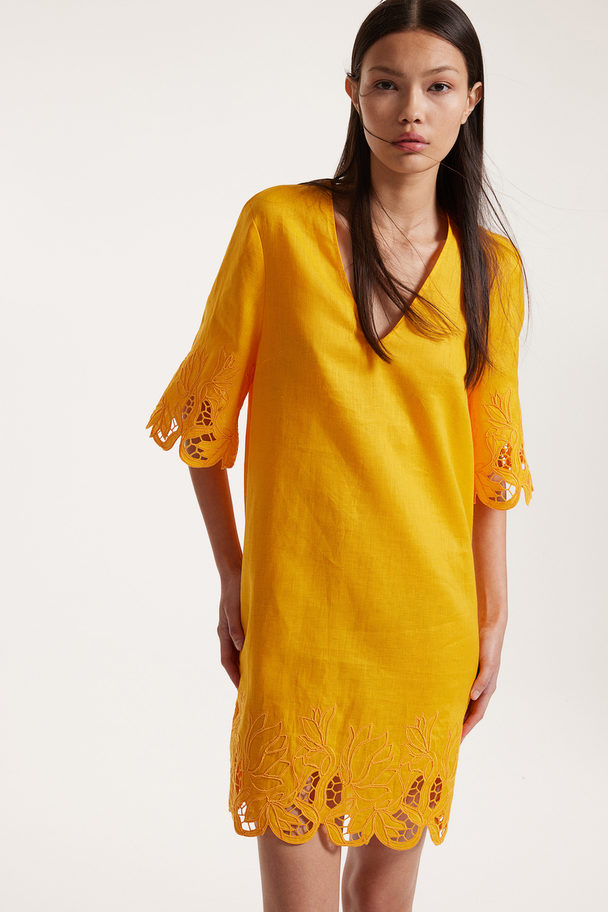 H&M Broderie Anglaise Linen Dress Yellow