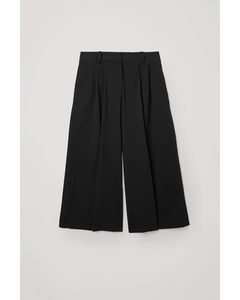 Cotton Pleated Wide-leg Trousers Black