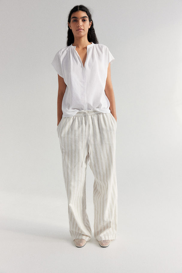 H&M Linen-blend Trousers Light Beige/striped