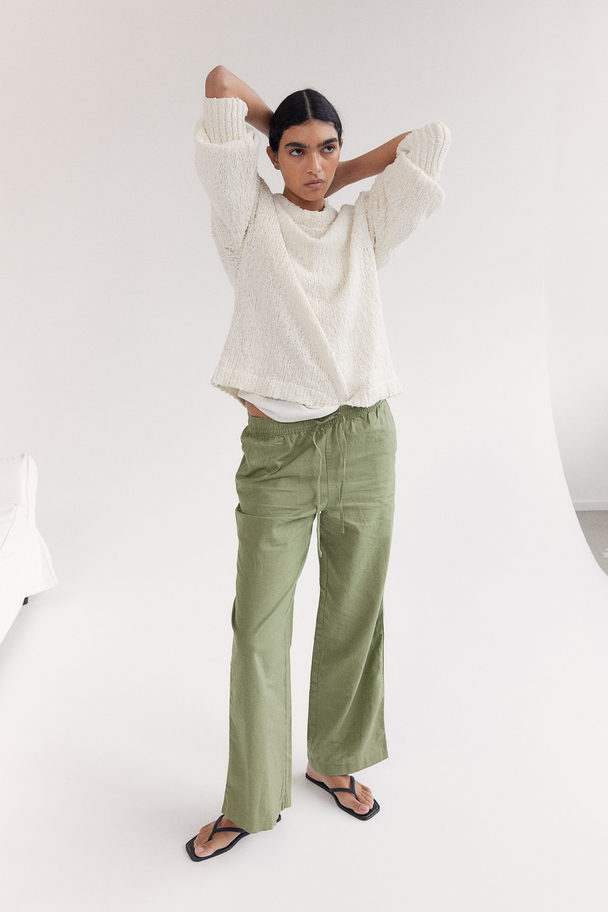 H&M Linen-blend Trousers Khaki Green