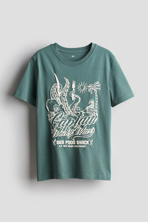 H&M T-Shirt mit Print Grün/Oktopus