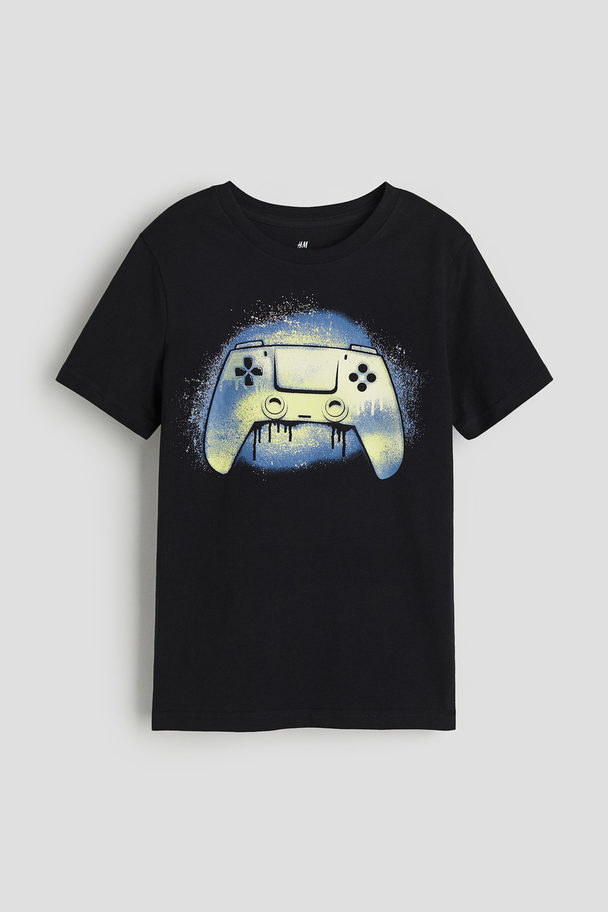 H&M T-Shirt mit Print Schwarz/Gamecontroller
