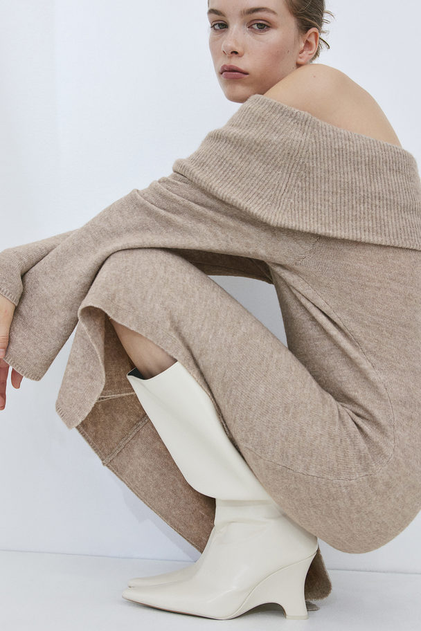 H&M Knitted Off-the-shoulder Dress Beige Marl