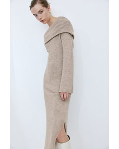 Knitted Off-the-shoulder Dress Beige Marl