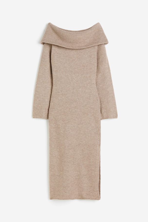 H&M Knitted Off-the-shoulder Dress Beige Marl