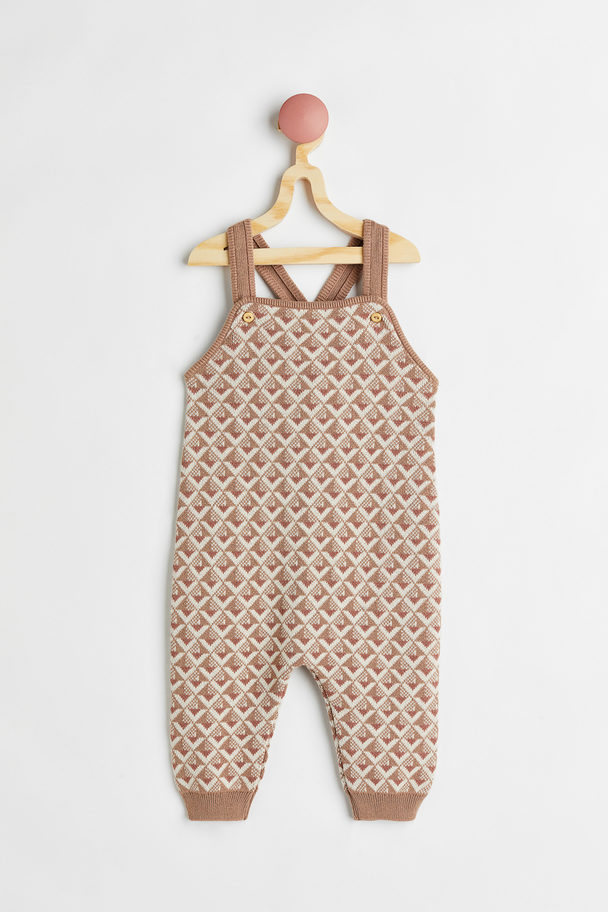 H&M Jacquard-knit Cotton Dungarees Dark Beige/patterned