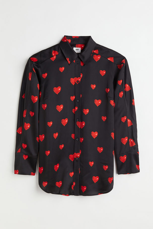 H&M Overhemdblouse Met Dessin Zwart/hartjes