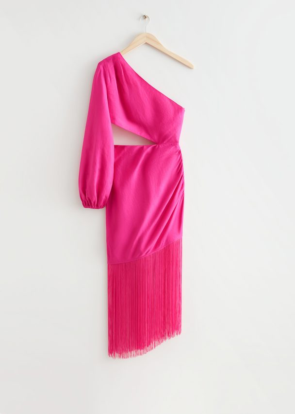 & Other Stories Fringed One-shoulder Midi Dress Pink