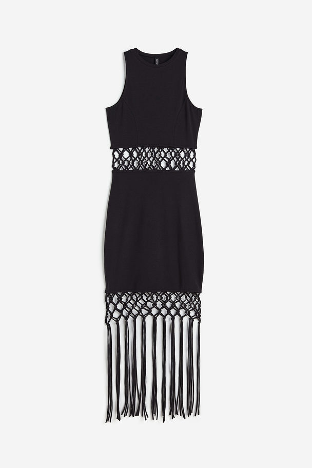 H&M Kleid mit Cut-out und Fransenbesatz Schwarz